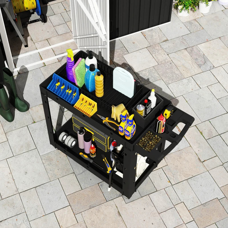 2-Tier Rolling Tool Cart with Wheels, 500 LBS Capacity Utility Cart with Handle, Mobile Service Tool Organizer, Black