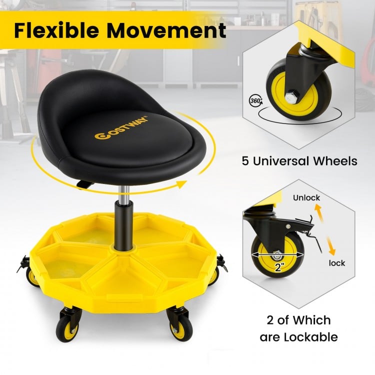 20 Inch-25 Inch Height Adjustable Rolling Garage Stool with Tool Tray Storage-Yellow