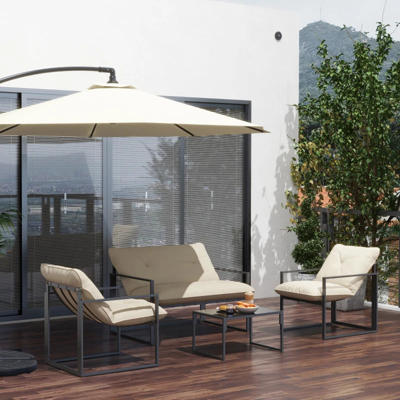 4 Piece Outdoor Furniture Set, Patio Conversation Set with Tempered Glass Table, Loveseat, 2 Chairs and Cushions, Beige