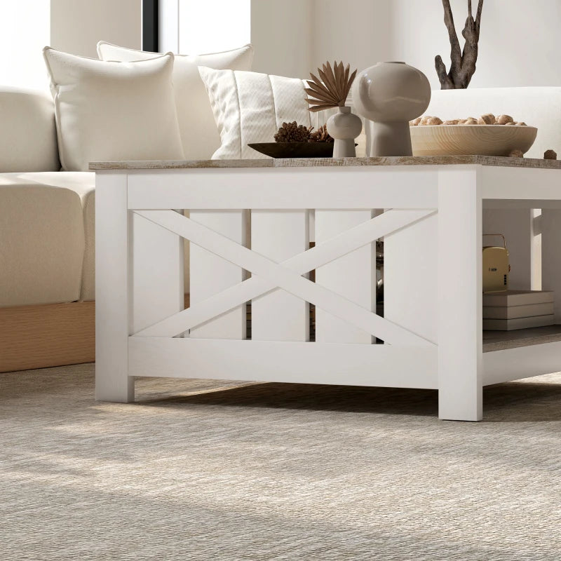 31.5" Square Coffee Table, Farmhouse 2-Tier Center Table for Living Room, Distressed Oak and Brown