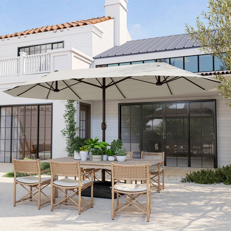 15' Outdoor Patio Umbrella with Twin Canopy Sunshade Steel Table Umbrella w/ Lift Crank, Cross base, Sandbag, Cream