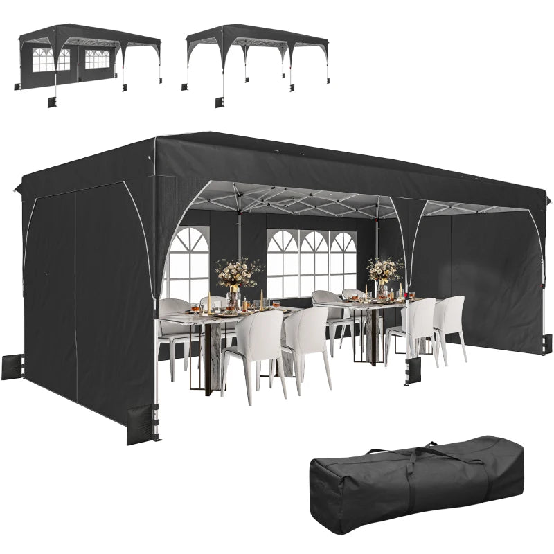 10 x 20 ft Pop Up Canopy Tent with Reflective Strips, UPF 50+ Easy up Instant Canopy with 6 Sandbags, Black