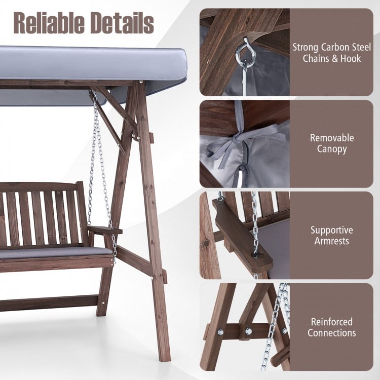 2-Person Porch Swing with Fir Wood Stand and Tilt Canopy-Brown