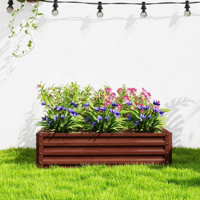4' x 4' x 1' Raised Garden Bed Galvanized Steel Planter Box for Vegetables, Flowers, Herbs, Dark Brown Wood Effect