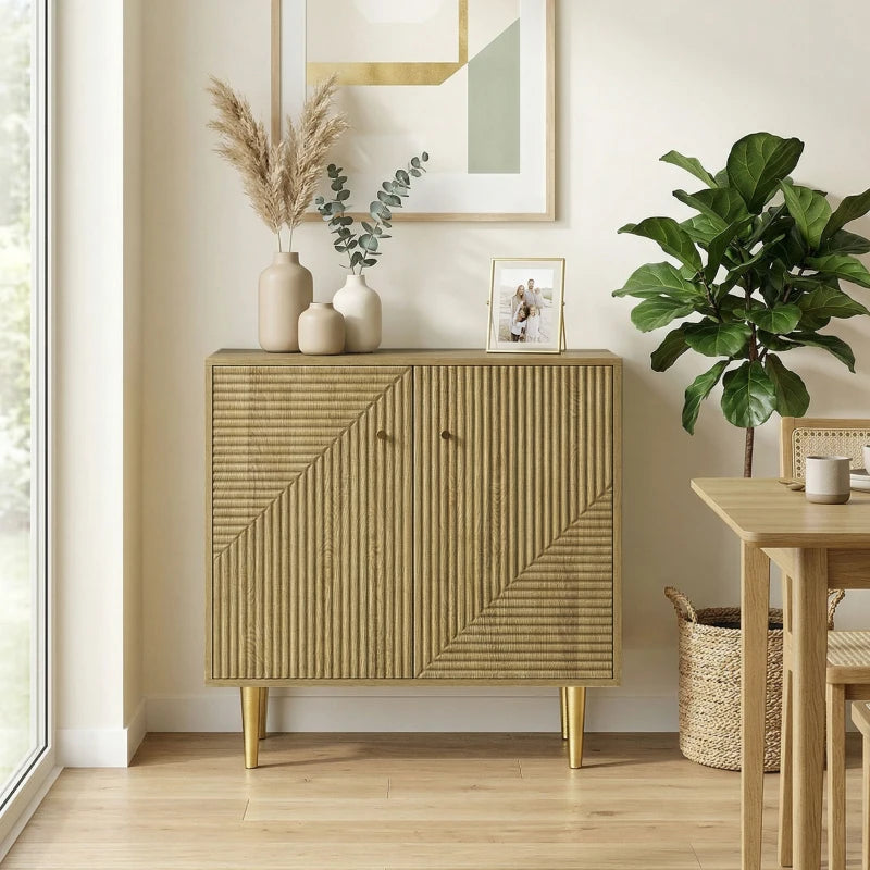 Sideboard with Adjustable Shelf, Buffet Cabinet with 2 Doors and Gold Steel Legs for Dining Room, Oak