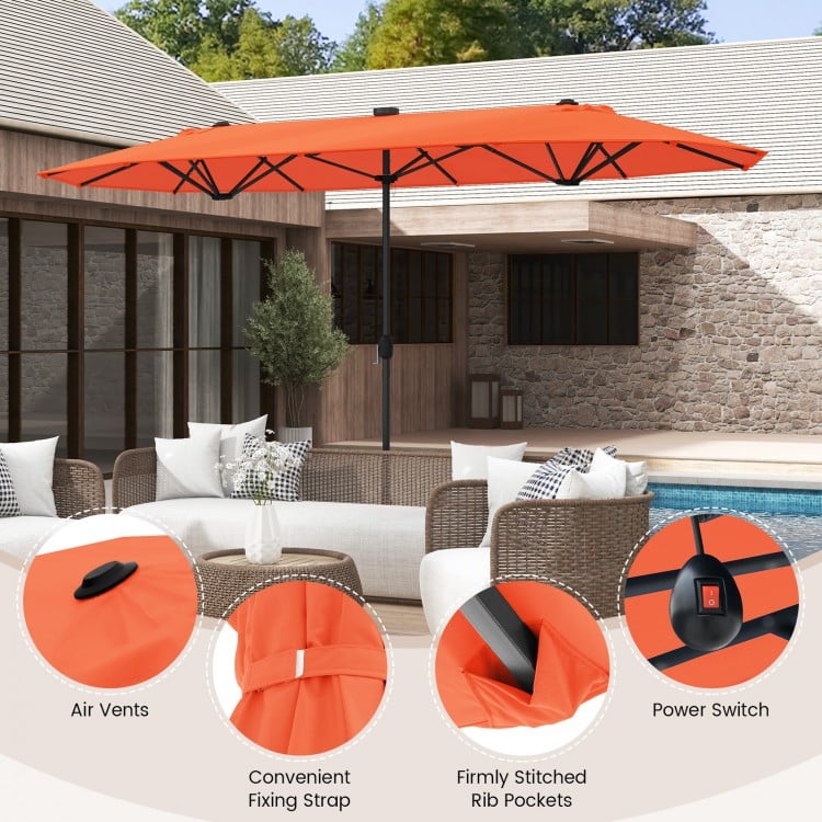 13FT Double-sided Patio Umbrella with Solar Lights for Garden Pool Backyard-Orange
