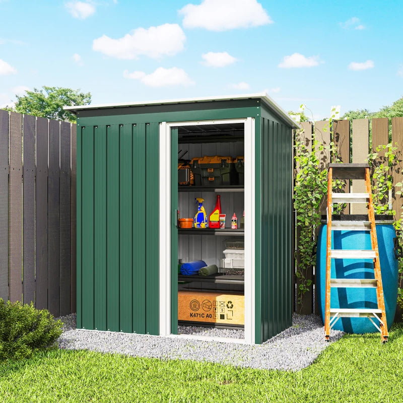 5 x 3 FT Outdoor Storage Shed with Sliding Door and Sloped Roof, Steel Frame Garden Shed Tool Equipment, Green