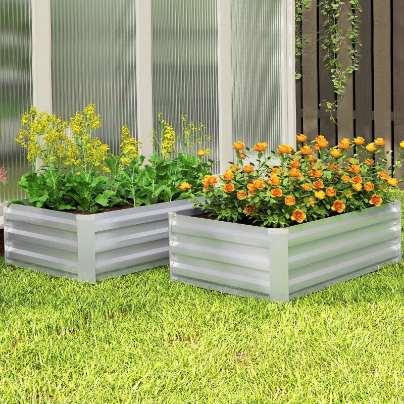 Set of 2 Galvanized Raised Beds for Garden, Outdoor Planter Box for Flowers, Herbs and Vegetables, Grey