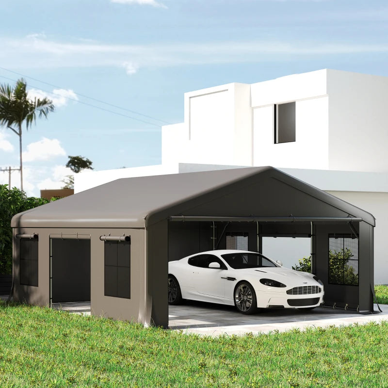 20' x 20' Heavy Duty Carport, Portable Garage Car Canopy Tent Shelter with 3 Roll-up Doors, 4 Windows, Dark Grey