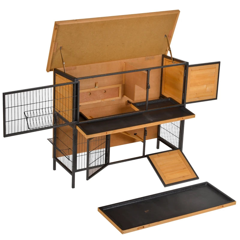 48" 2-Floor Large Rabbit Hutch Wooden Pet House Metal Frame Bunny Cage Small Animal Habitat with Ramp Feeding Trough Lockable Doors Run Area Asphalt Roof for Outdoor Use