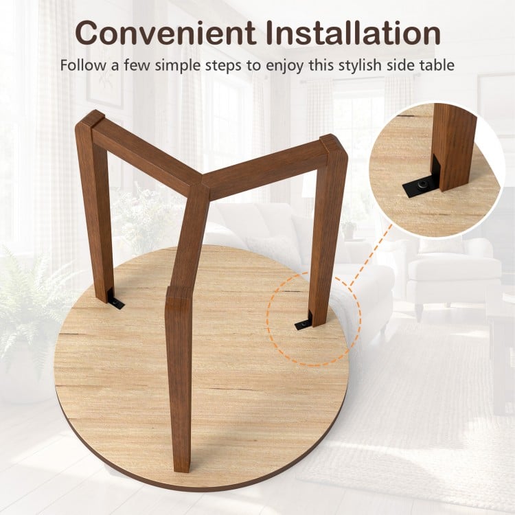 22.5 inch Round Side Table Farmhouse End Table with Sturdy Rubber Wood Legs and Triangular Structure-Walnut