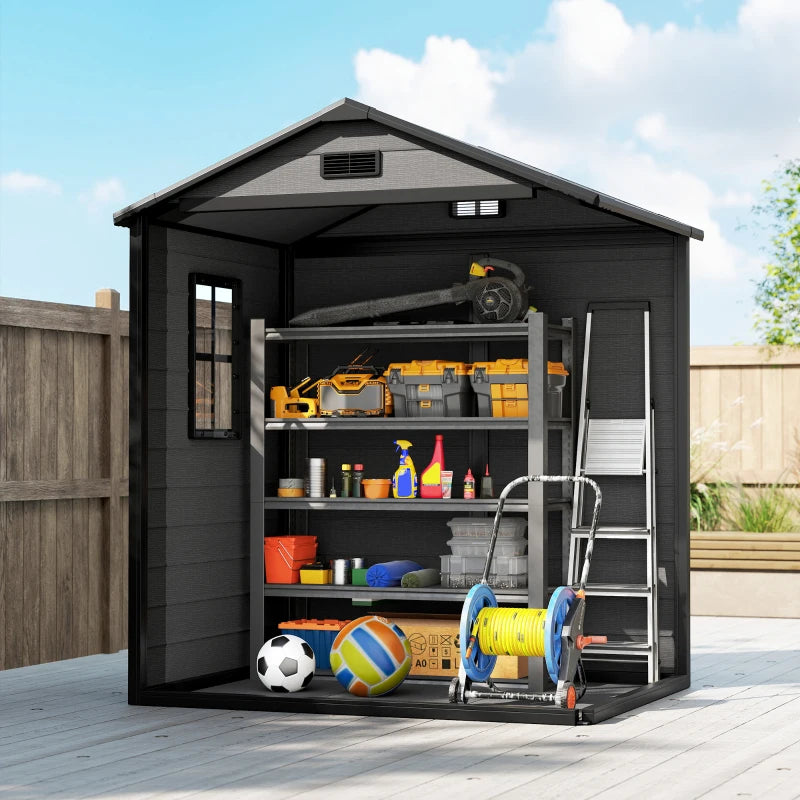 6x4.5FT Plastic Shed, Lockable Garden Tool Storage House with Double Doors and Vent, Grey