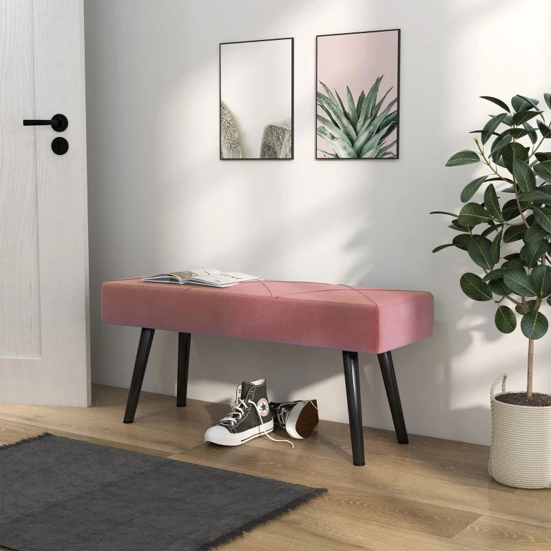 39 Inches Upholstered Bedroom Bench, Modern End of Bed Bench with Steel Legs, Pink
