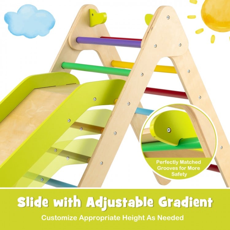 2-in-1 Wooden Triangle Climber Set with Gradient Adjustable Slide-Multicolor