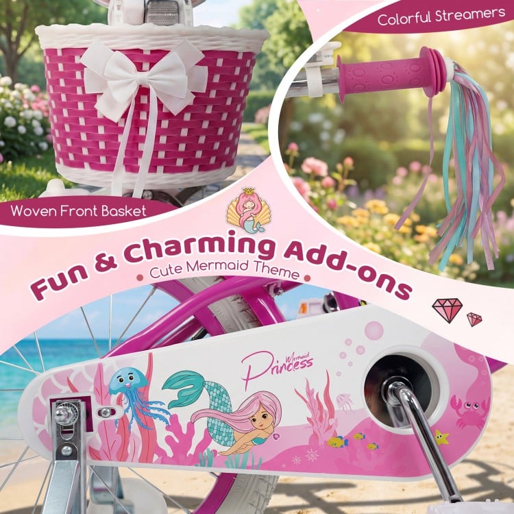 20 Inch Kids Bike Adjustable with Basket and Streamers Rose Red - Princess of the Sea Theme
