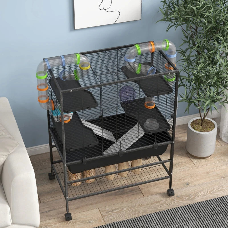 43" Rolling Hamster Cage with Tunnel Tube System, Storage Shelf, Exercise Wheel, Food Dish, Water Bottle, Ramp