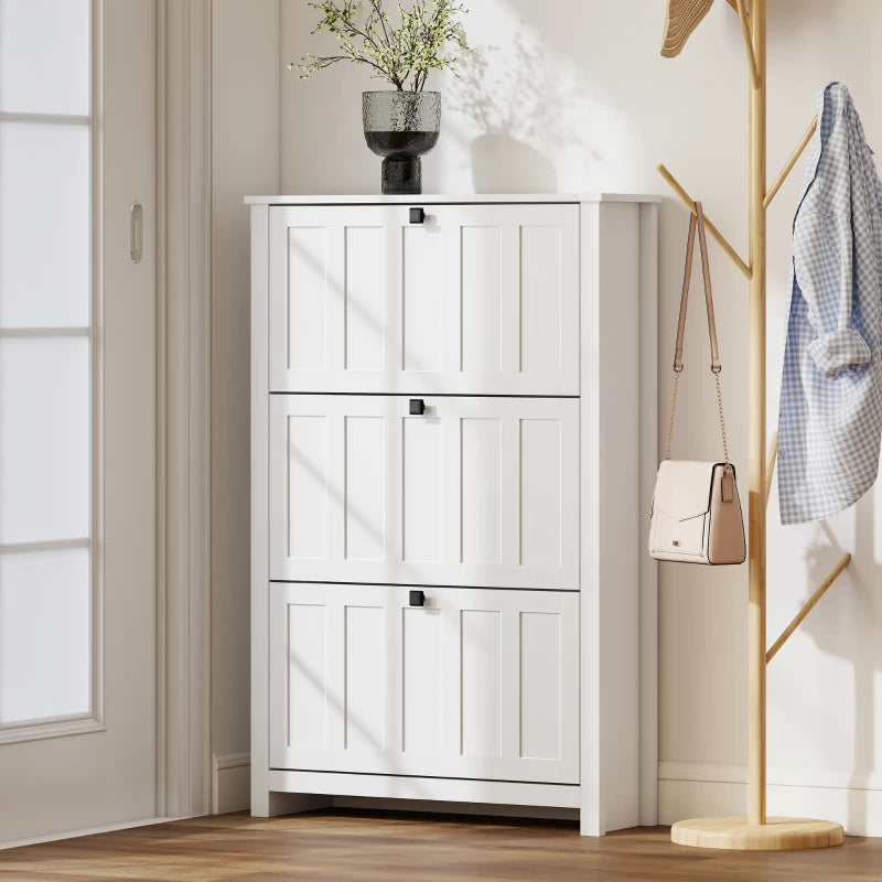 Slim Shoe Cabinet with 3 Flip Drawers, Shoe Storage Cabinet with Adjustable Shelves for Entryway, Holds 18 Pairs, White