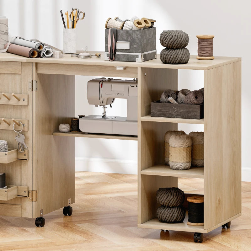 Sewing Machine Table with Drop Leaf, Folding Craft Table Rattan Door and Storage Shelves for Small Spaces, Natural