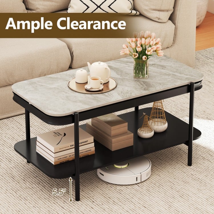 2-Tier Modern Rectangular Coffee Table with Sintered Stone Top-Gray