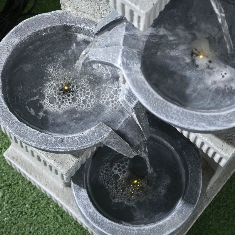 4-Tiered Outdoor Jar and Bowls Water Fountain with LED Lights, Adjustable Flow, 26.4-inch Resin Waterfall Fountain