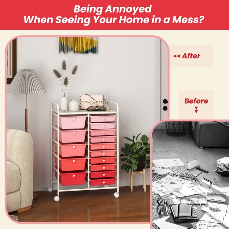 15-Drawer Utility Rolling Organizer Cart Multi-Use Storage-Pink