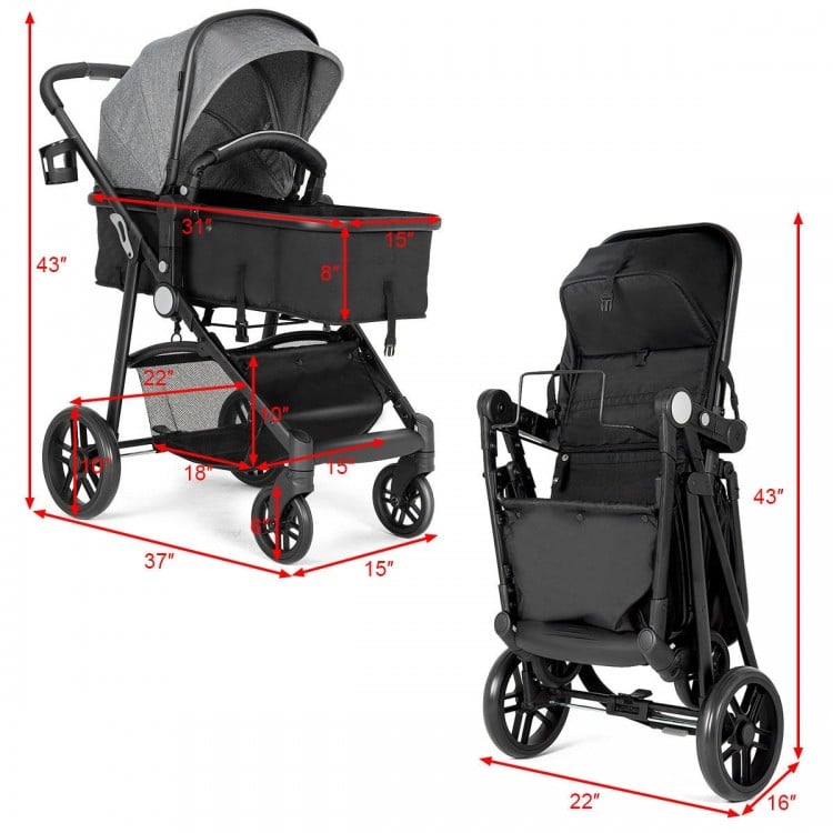 2 in 1 Foldable Pushchair Newborn Infant Baby Stroller-Gray