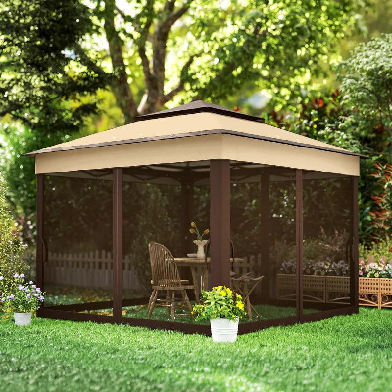 10.7 x 10.7ft Pop Up Gazebo, Adjustable Instant Sun Shelter with UV30+ Roof Cover, Removable Mesh Curtains, Beige