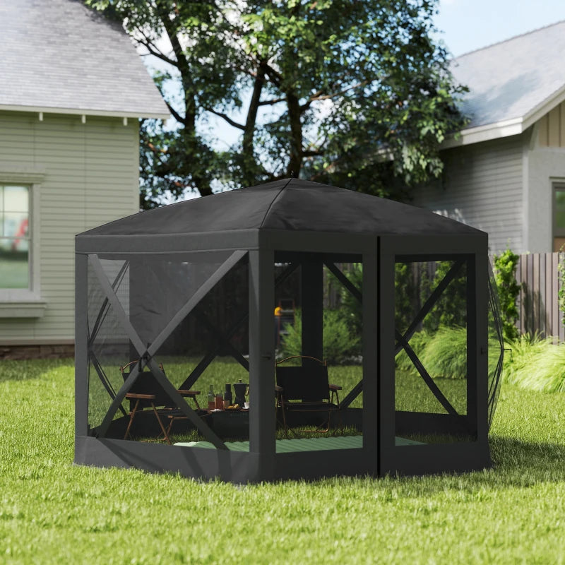 12' x 12' Hexagon Automatic Pop Up Screen Tents, Camping Shelter w/ Mesh Sidewalls and Carry Bag Black