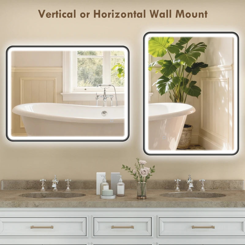 36" x 28" Bath Mirror with LED Lights, Wall Mounted Restroom Mirror, 3 Colours, Dimmable, Horizontal/Vertical, Black