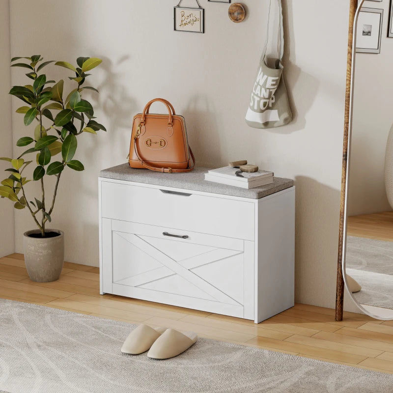 Shoe Storage Bench with Flip Drawer and Lift Top Storage, Entryway Bench with Seat Cushion for Hallway, White