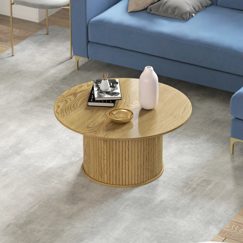 31.5" Round Coffee Table, Nordic Style Center Table with Fluted Cylindrical Base for Living Room, Oak