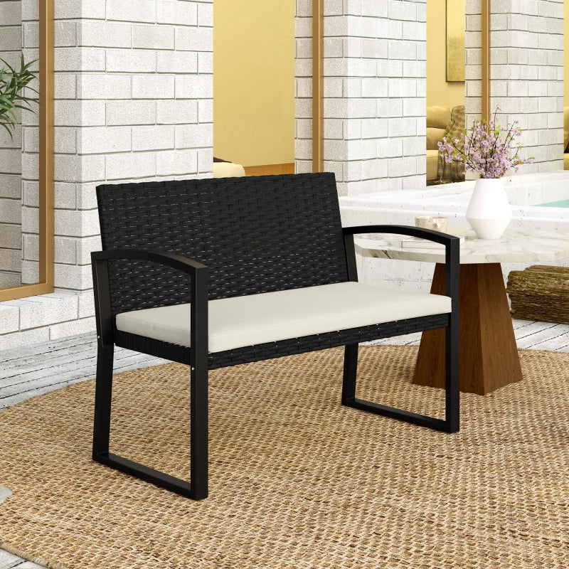2 Seater Outdoor Bench, Rattan Garden Bench Loveseat with Cushion, Armrests, Steel Frame for Patio, Porch, Beige