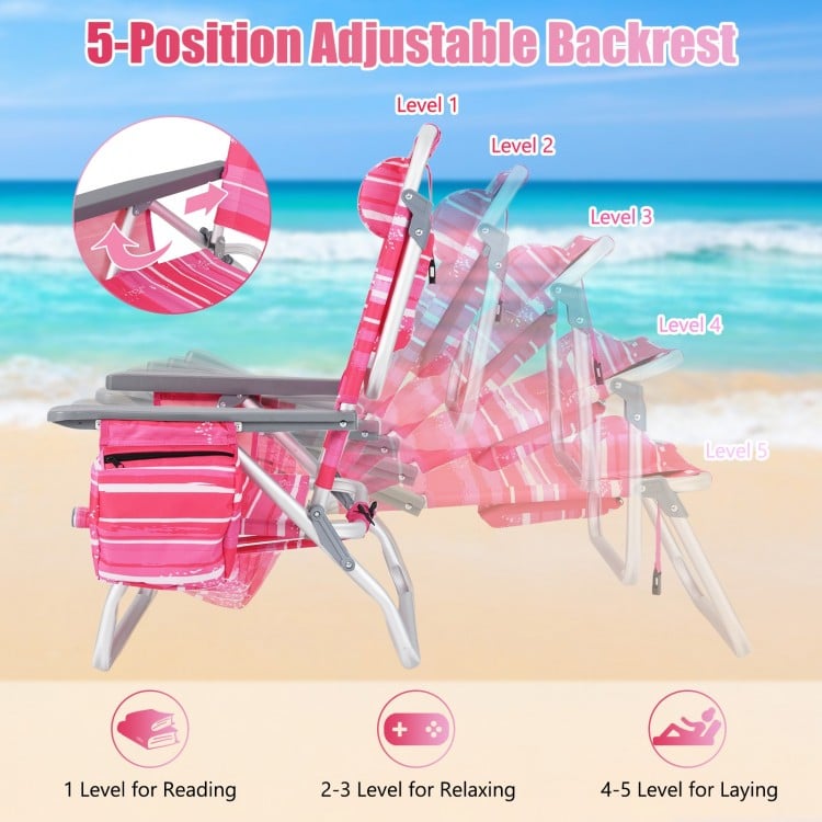 2 Pieces Folding Backpack Beach Chair with Pillow-Hot Pink