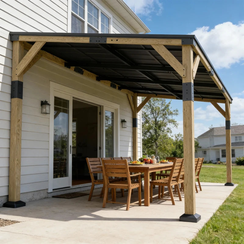 14' x 10' Gazebo, Lean to Galvanized Steel Hardtop Gazebo Pergola with Wood Frame, Patio Gazebo Awning, Dark Grey