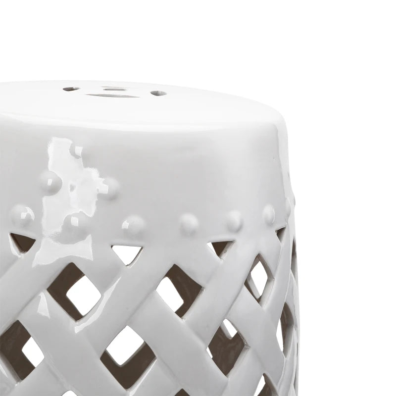 18" Ceramic Garden Stool with Woven Lattice Design, Indoor & Outdoor Decorative Accent Stool, White