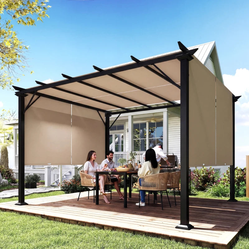 12' x 10' Outdoor Patio Gazebo Pergola with Retractable Canopy Roof, Steel Frame with Stakes, Light Brown