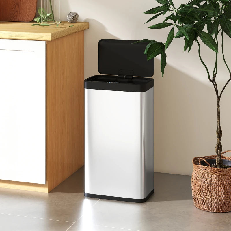 12 Gallon Sensor Can, Automatic Garbage Can with Soft-Close Lid, Fingerprint-Proof Stainless Steel, Silver