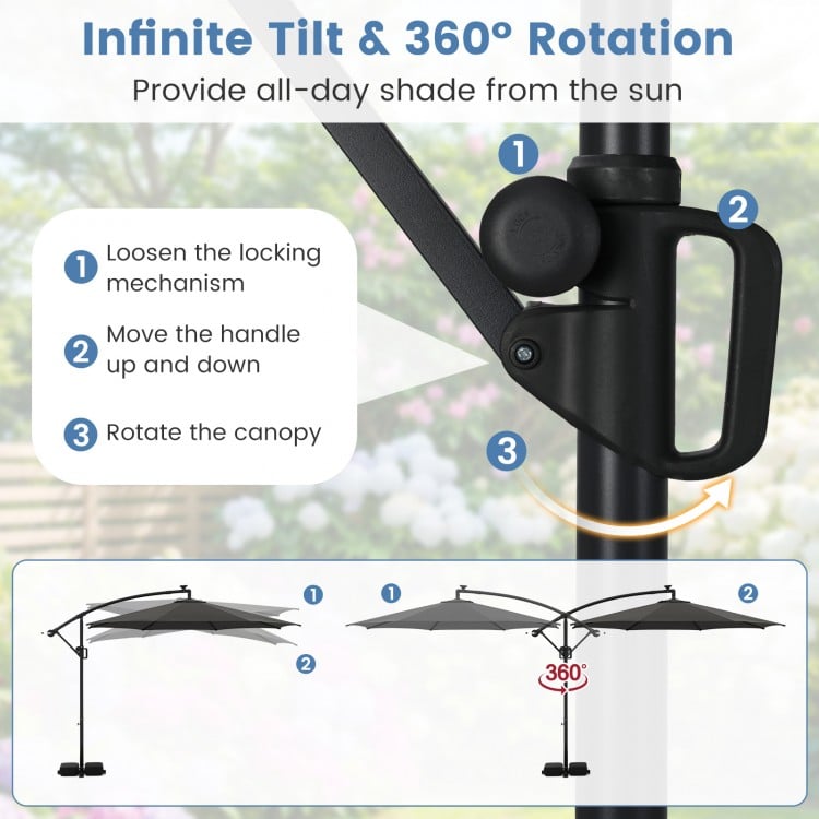 10 Feet Solar Offset Hanging Umbrella with Base and LED Lights-Gray