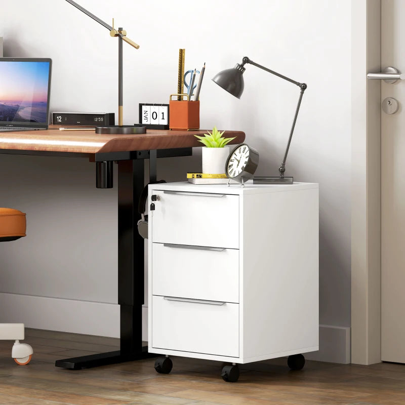 3-Drawer File Cabinet with Wheels, Vertical Filing Cabinet with Lock, White