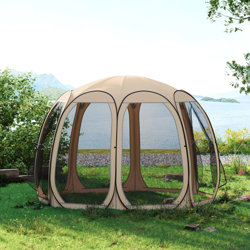 11' x 11.5' Screen Tent, Pop Up Camping Gazebo with Portable Carry Bag and 2 Doors, Beige