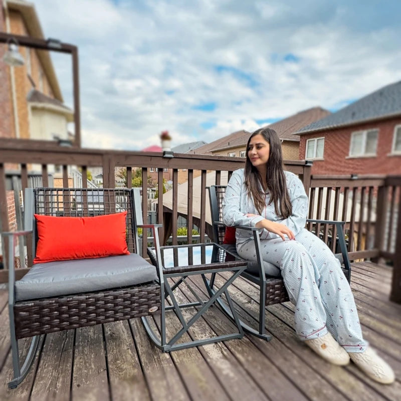 3 Pieces Rocking Bistro Set, Wicker Patio Furniture Set with Cushions and Glass Table for Porch, Balcony, Grey