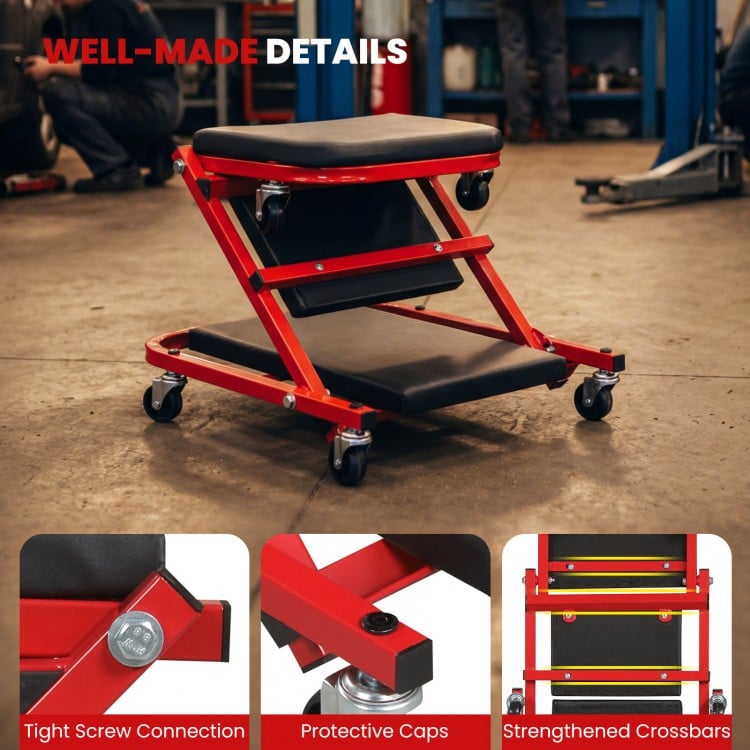2-in-1 Z-Shaped Rolling Garage Stool 36" Folding Flat Automotive Creeper-Red