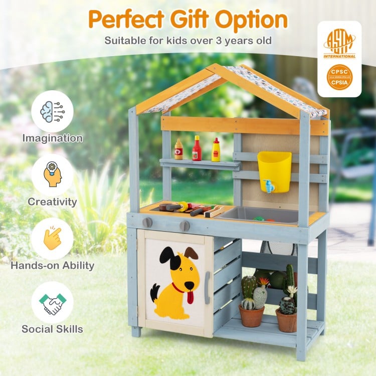 2 in 1 Wooden Mud Kitchen with Removable Water Box and Storage Bag-Gray