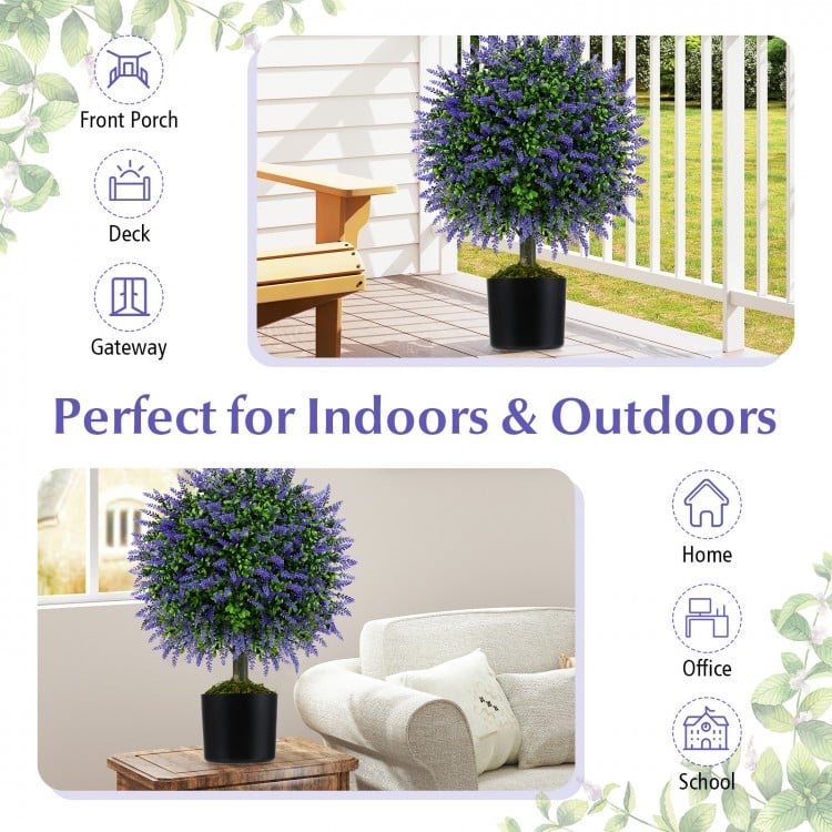 23 Inch Set of 2 Artificial Lavender Topiary Ball Trees with Cement-Filled Pot-Purple