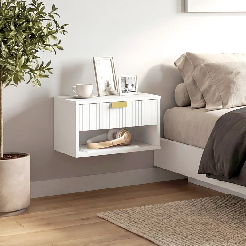 Set of 2 Wall Mounted Bedside Tables, Floating Nightstands with Fluted Drawer and Open Shelf for Bedroom, White