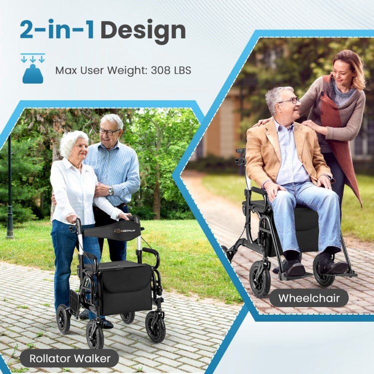 2-in-1 Foldable Rollator Walker with Seat abd 9 Inch Pneumatic Tires for Seniors-Black