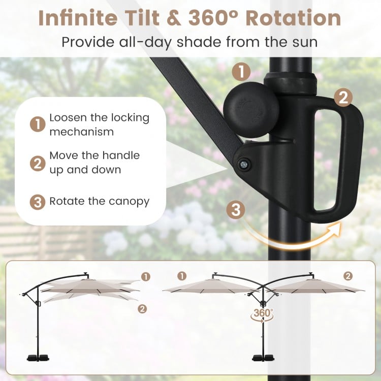 10 Feet Solar Offset Hanging Umbrella with Base and LED Lights-Beige