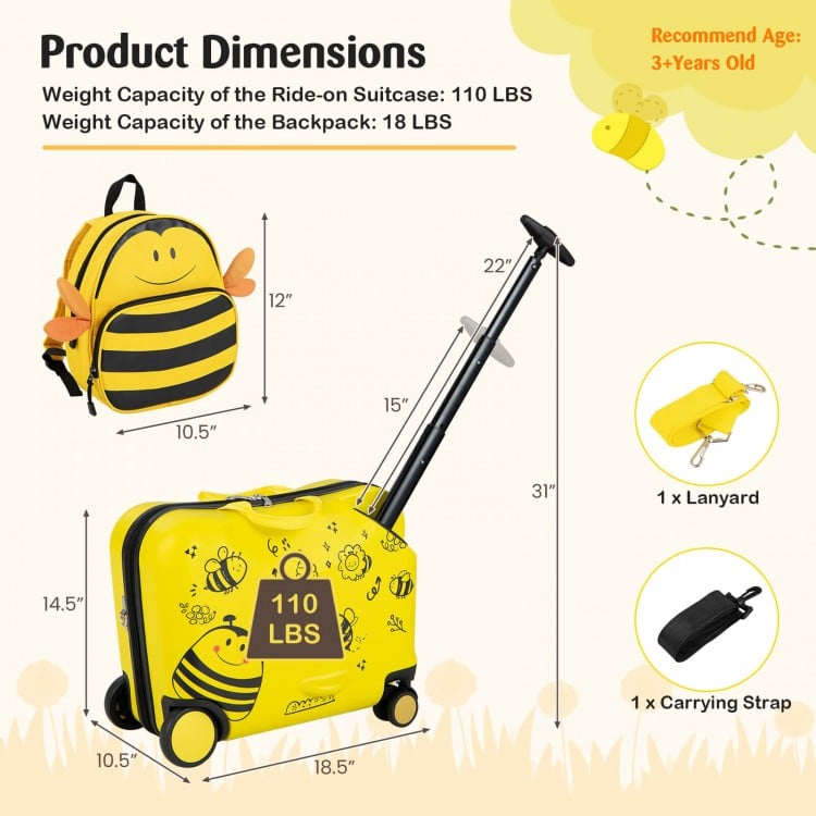 2 Pieces 18 Inch Ride-on Kids Luggage Set with Spinner Wheels and Bee Pattern-Yellow