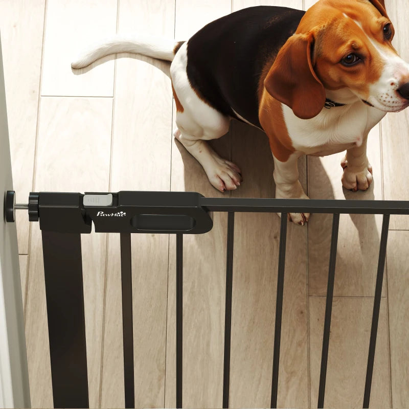 30"-32" Extra Wide Pet Gate Barrier with Small Door, 35"H Dog Gate with Safety Gate Barrier, Stair Pressure Fit, Black