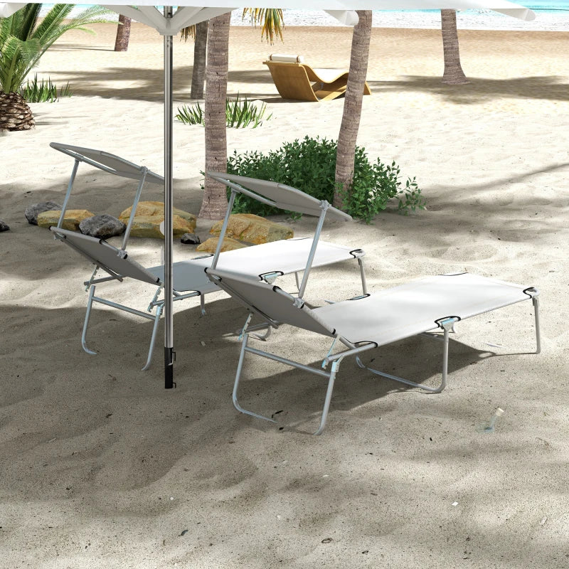 2Pcs Outdoor Lounge Chair, Adjustable Folding Chaise Lounge with Sun Shade for Beach, Camping, Hiking, Light Grey